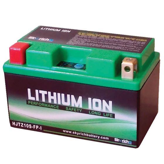 Green and black lithium-ion battery with "LITHIUM ION" text, featuring a red and a yellow terminal, labeled HJTZ10S-FP / YTZ10S, designed for performance and safety.