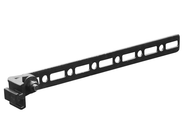 Black metal fan mounting bracket with multiple elongated holes for adjustable fitting, featuring a sturdy angled end with a bolt for secure attachment.
