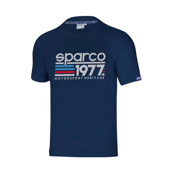 Navy blue Sparco 1977 T-Shirt in XXL, featuring a retro design with "sparco" and "MOTORSPORT HERITAGE" in bold, colorful lettering on the front.