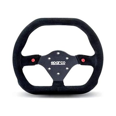 Black suede steering wheel with a sporty design, featuring red buttons, a central Sparco logo, and multiple holes for mounting, ideal for racing applications.