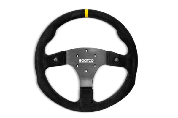 R330 suede steering wheel by Sparco, featuring a black suede grip, a yellow top marker, and a sleek metal hub with five mounting holes.