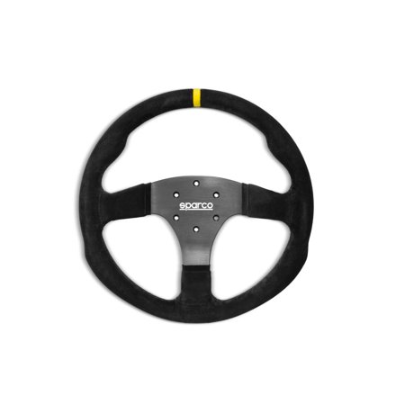 Sparco R330B steering wheel featuring a black suede finish, three-spoke design, silver button accents, and a distinctive yellow stripe at the top.