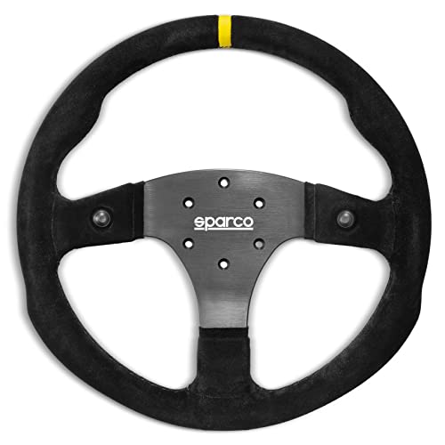Black suede leather steering wheel with a yellow stripe at the top, featuring a silver metal hub with multiple holes and the Sparco logo prominently displayed.