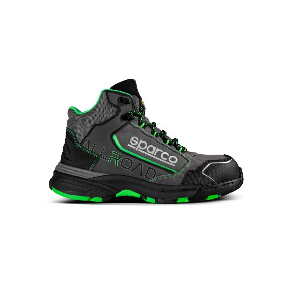 Sparco Allroad S3 SRC high top safety shoes in grey and fluro green, featuring a sturdy design, reinforced toe, and cushioned sole, size UK 8 / EUR 42.