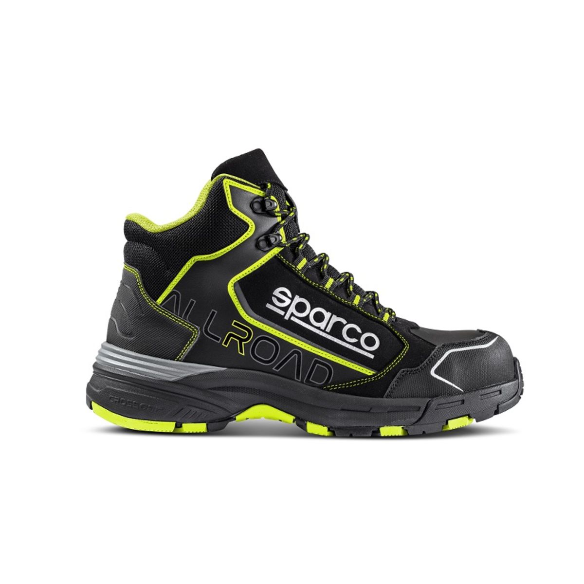 Sparco Allroad S3 SRC high-top safety shoes in black and fluro yellow, featuring a durable upper, cushioned sole, and reinforced toe, size UK 9.5 / EUR 44.