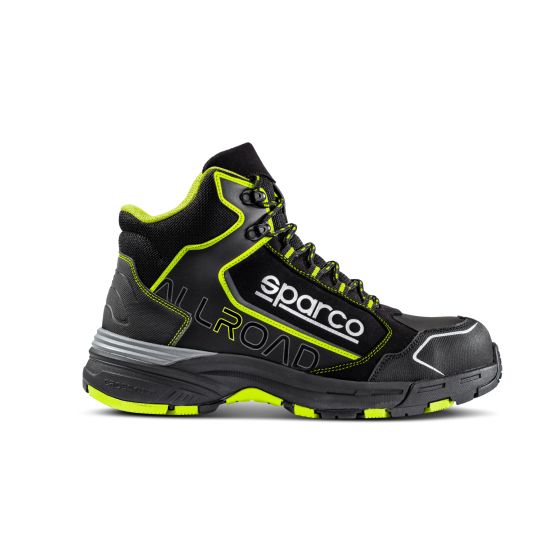 Sparco Allroad S3 SRC high top safety shoes in black and fluro yellow, featuring a sturdy design, lace-up front, and reinforced toe, size UK 8 / EUR 42.