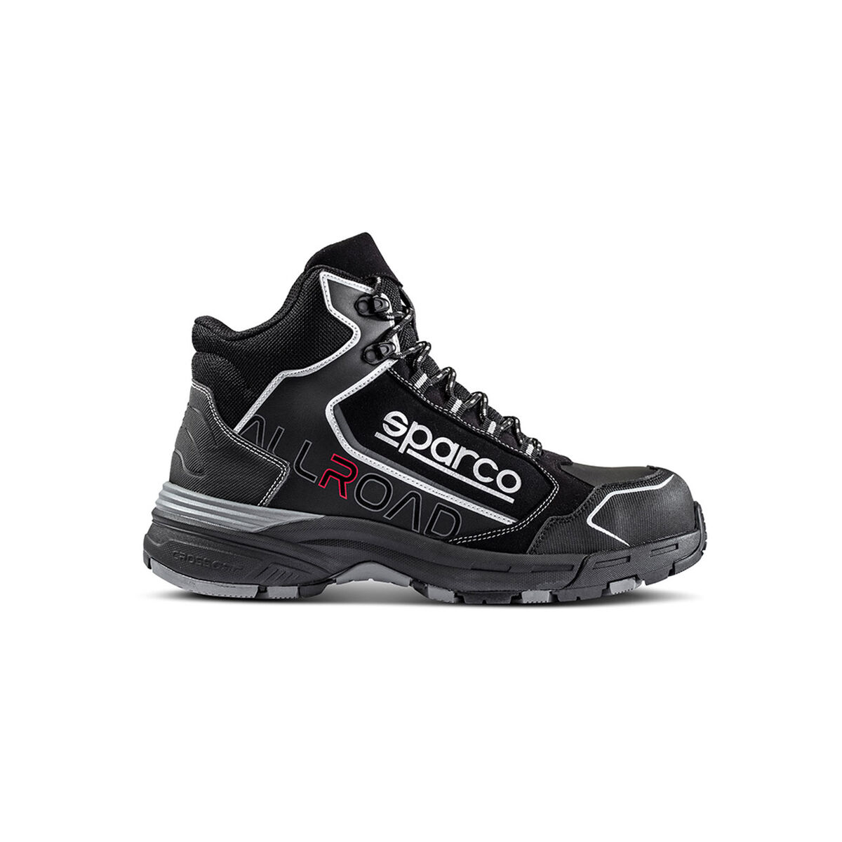 High-top black safety shoes with a sleek design, featuring a reinforced toe, padded collar, and prominent "Sparco" logo, size UK 8 / EUR 42.