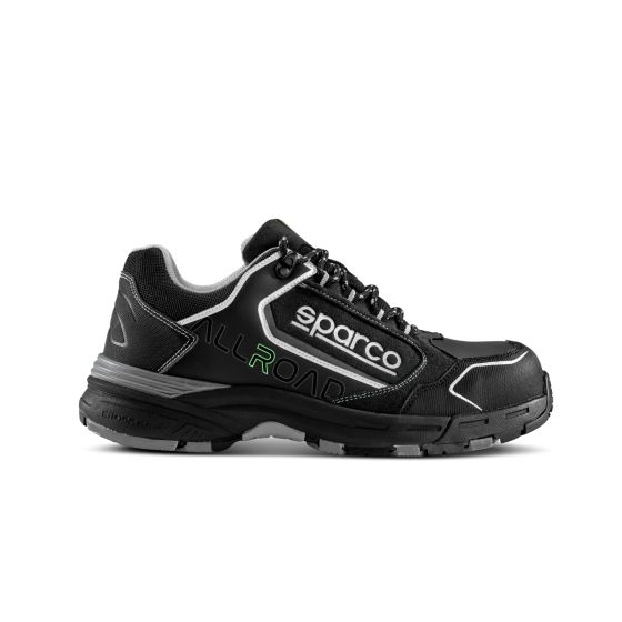 Black Sparco Allroad S3 SRC safety shoes featuring a sturdy design, breathable material, reinforced toe, and reflective accents, size UK 12 / EUR 47.