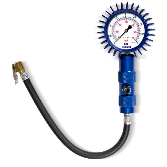 Blue analogue tyre pressure gauge with a 2.5-inch dial, featuring a white face, red and green markings, and a black rubber hose with a metal connector.