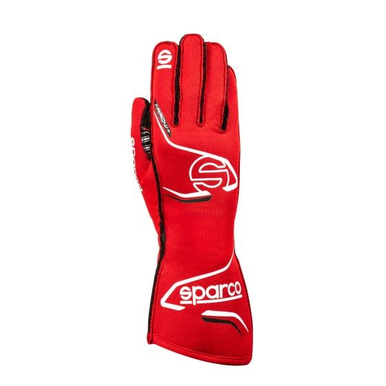 Red and black Sparco Arrow + Race Gloves in size M, featuring a sleek design with a logo and reinforced stitching for enhanced grip and protection.