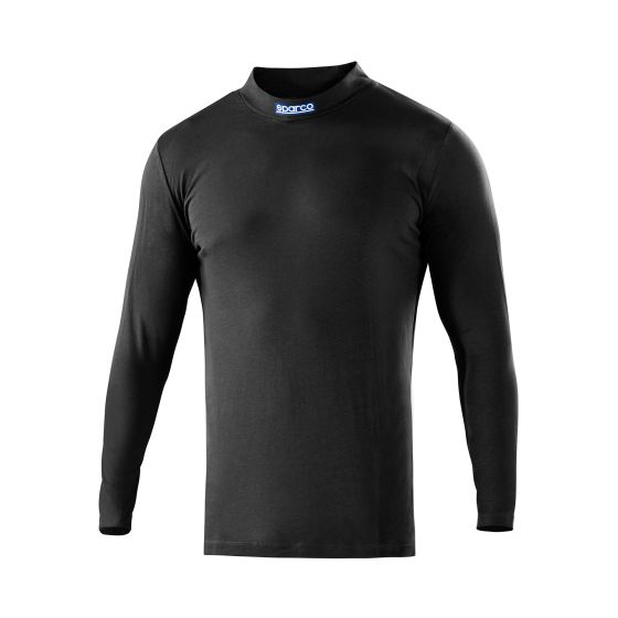 Black long sleeve top made of soft, stretchy material, featuring a high neckline and Sparco logo on the collar, available in size XS.
