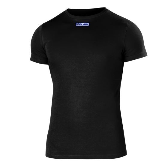 Black Sparco B-Rookie T-Shirt for kids aged 10-12 years, featuring a crew neck and short sleeves, with a blue Sparco logo on the chest.