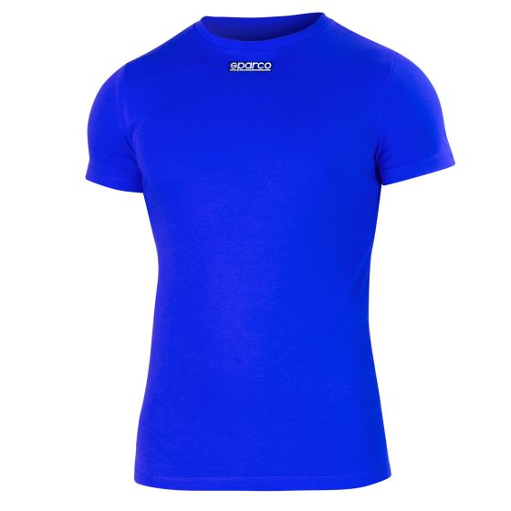 Bright blue Sparco B-Rookie T-Shirt in size L, featuring a classic crew neck and short sleeves, made from soft, breathable material with a subtle logo at the neckline.