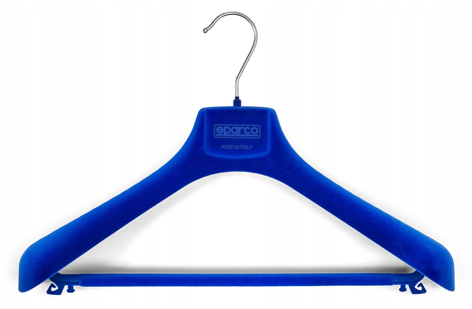 Blue velvet coat hanger with a silver metal hook, featuring a wide design and textured grip for secure clothing support, labeled with "Sparco" and "Made in Italy."