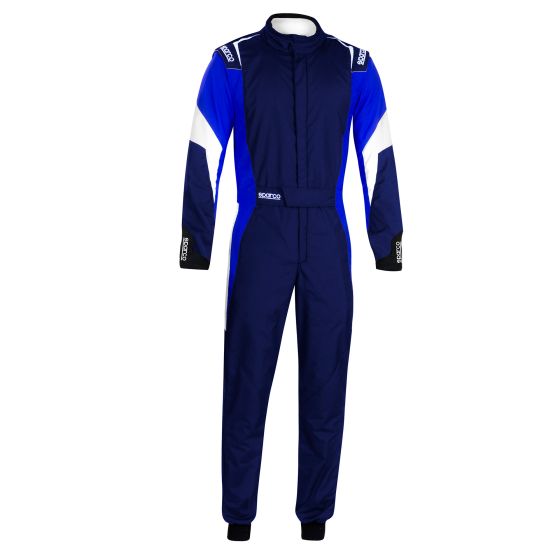 Navy blue race suit with blue and white accents, featuring long sleeves, a zip front, and Sparco branding on the shoulders and cuffs, designed for competition use.