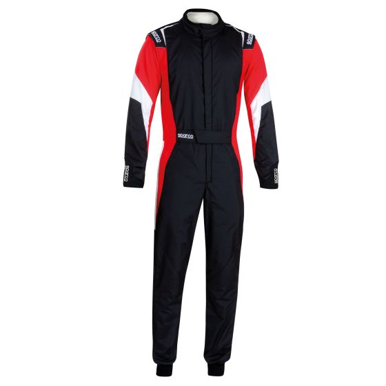 Black race suit with red and white accents, featuring a zip front, long sleeves, and Sparco branding on the shoulders, designed for competition use. Size 54.