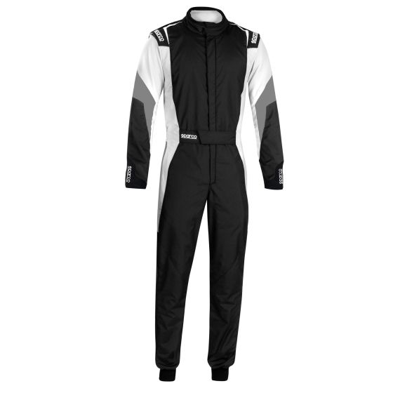Sparco Competition Race Suit in size 58, featuring a sleek black design with white and grey accents, made from durable material, with a zip front and fitted cuffs.