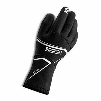 Black water-resistant kart gloves with white Sparco branding and CRW design, featuring a snug fit and flexible material for enhanced grip and comfort.