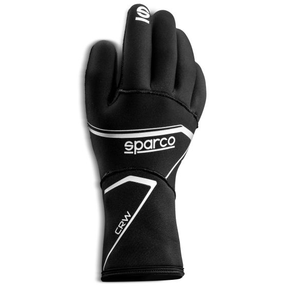 Black water-resistant kart gloves with white accents, featuring a snug fit, reinforced palm, and Sparco logo on the wrist, designed for optimal grip and protection in racing.