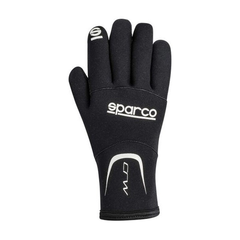 Black water-resistant kart gloves with white Sparco logo and CRW branding, made from flexible material, designed for optimal grip and comfort in racing conditions.