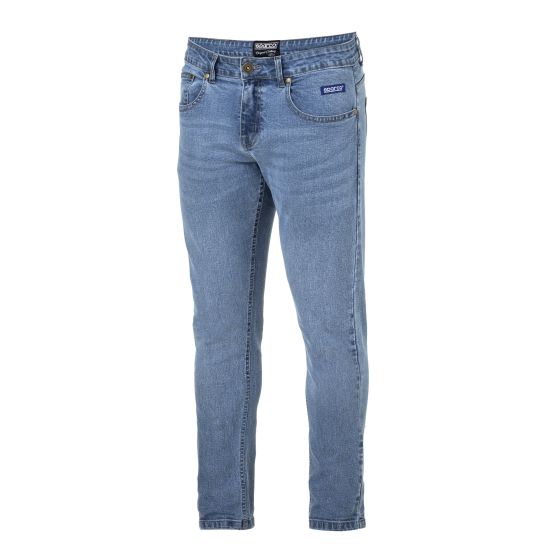 Light blue denim jeans in size L by Sparco, featuring a classic five-pocket design, a zip fly, and a subtle logo patch on the waistband.