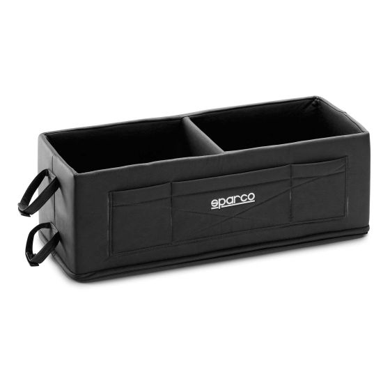 Black SPARCO Helmet Box made of durable fabric, featuring two compartments, side handles for easy transport, and a front pocket for additional storage.