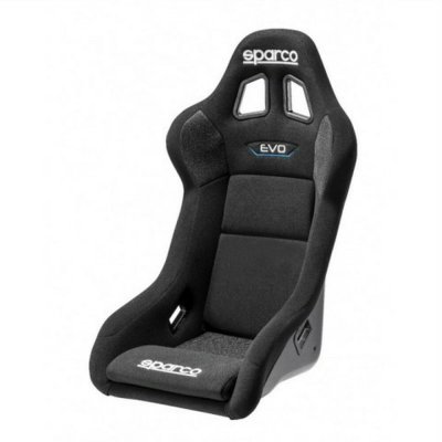 Black Sparco Evo QRT racing seat featuring a high-back design, reinforced sides, and cutouts for harnesses, made from durable fabric for enhanced grip and support.