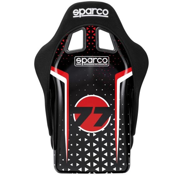 Sparco Evo QRT fibreglass racing seat featuring a black and red custom back wrap with geometric patterns and the Sparco logo prominently displayed.