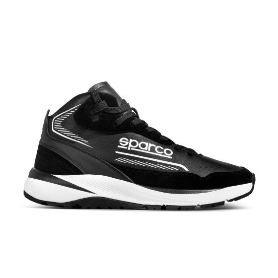 Black Sparco Fast Mechanics Shoes in size UK 11 / Eur 46, featuring a sleek design, suede and synthetic materials, with white logo and accents on the side.