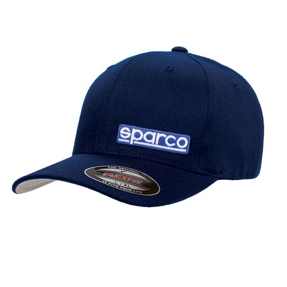 Navy blue Sparco Flexfit cap in S/M size, featuring a curved brim and a white embroidered logo on the front, made from a soft, stretchy fabric for comfort.