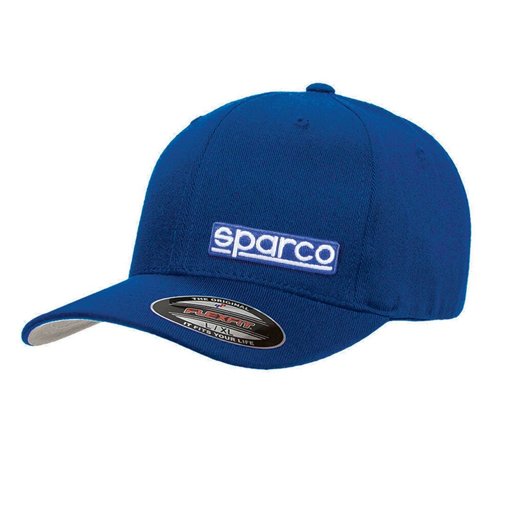Blue Flexfit cap by Sparco featuring a curved brim and embroidered logo on the front, made from a comfortable fabric, designed for a snug fit in size S/M.