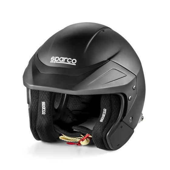 Sparco Flux RJ helmet in matte black, size S (55-56cm), featuring a sleek design, padded interior, and adjustable straps for comfort and safety.