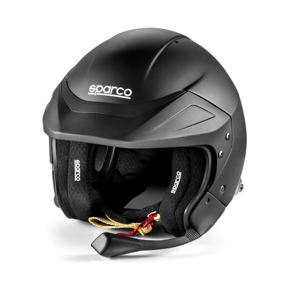 Sparco Flux RJ-i helmet in matte black with a sleek design, featuring a comfortable black interior lining, size XXL (62cm), and a secure chin strap.