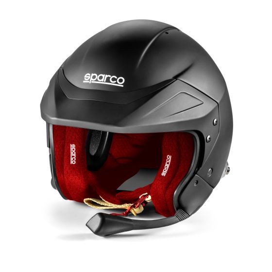 Sparco Flux RJ-i helmet in matte black with a red interior lining, featuring a sleek design, adjustable chin strap, and ventilation openings, size S (55-56cm).