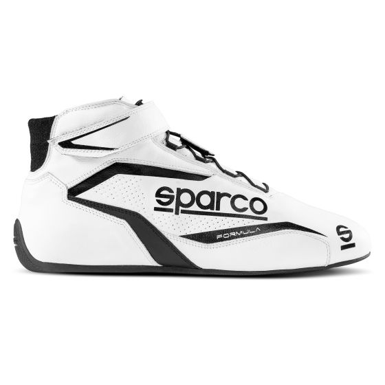 Sparco Formula Race Boots in white and black, featuring a sleek design, perforated material for breathability, and a prominent logo on the side, size UK 8 / EUR 42.