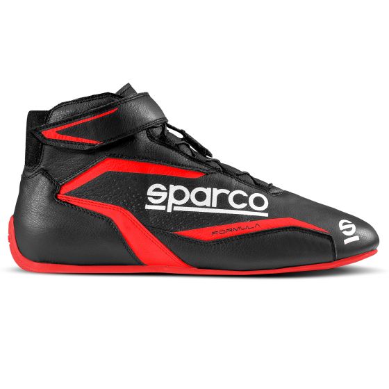 Black and red Sparco Formula race boots featuring a sleek design, made of durable leather, with a prominent white logo and a secure ankle strap for enhanced support.