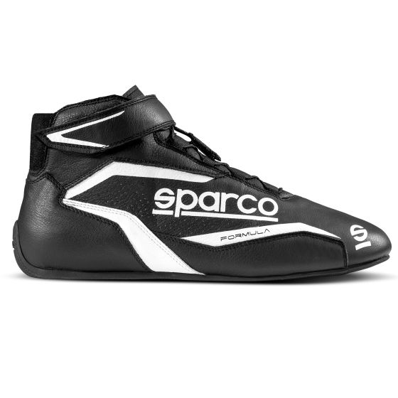 Black and white Sparco Formula race boots, size UK 9/Eur 43, featuring a sleek design, leather material, and prominent Sparco branding on the side.