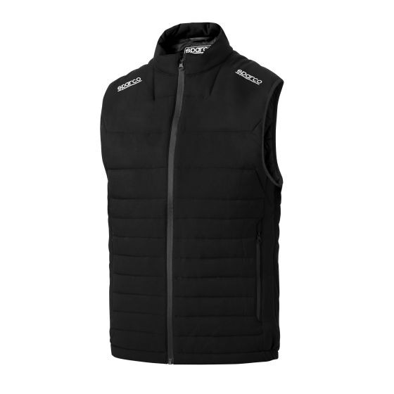 Black Sparco Frame Bodywarmer Vest in size M, featuring a zip front, padded design, and logo details on the shoulders.
