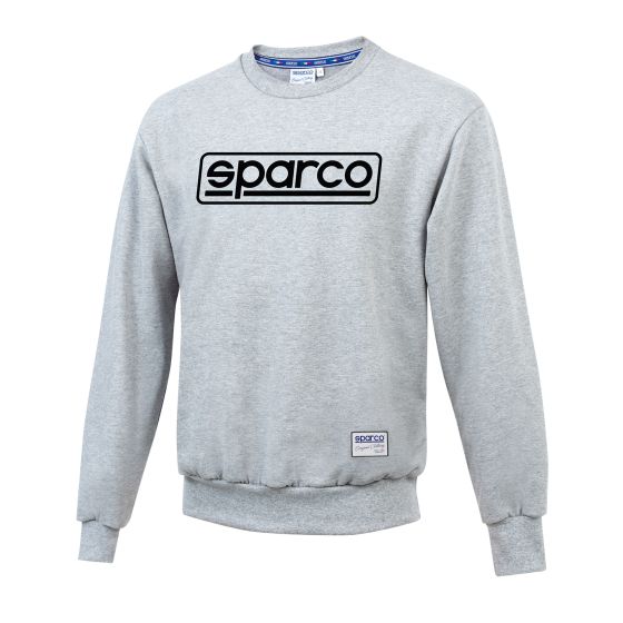 Gray crew neck sweatshirt made from soft material, featuring a large black "sparco" logo on the front and a small logo tag on the bottom left.