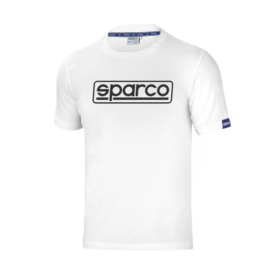 White short-sleeve t-shirt made of cotton, featuring a black "sparco" logo across the front and a blue label on the left sleeve.