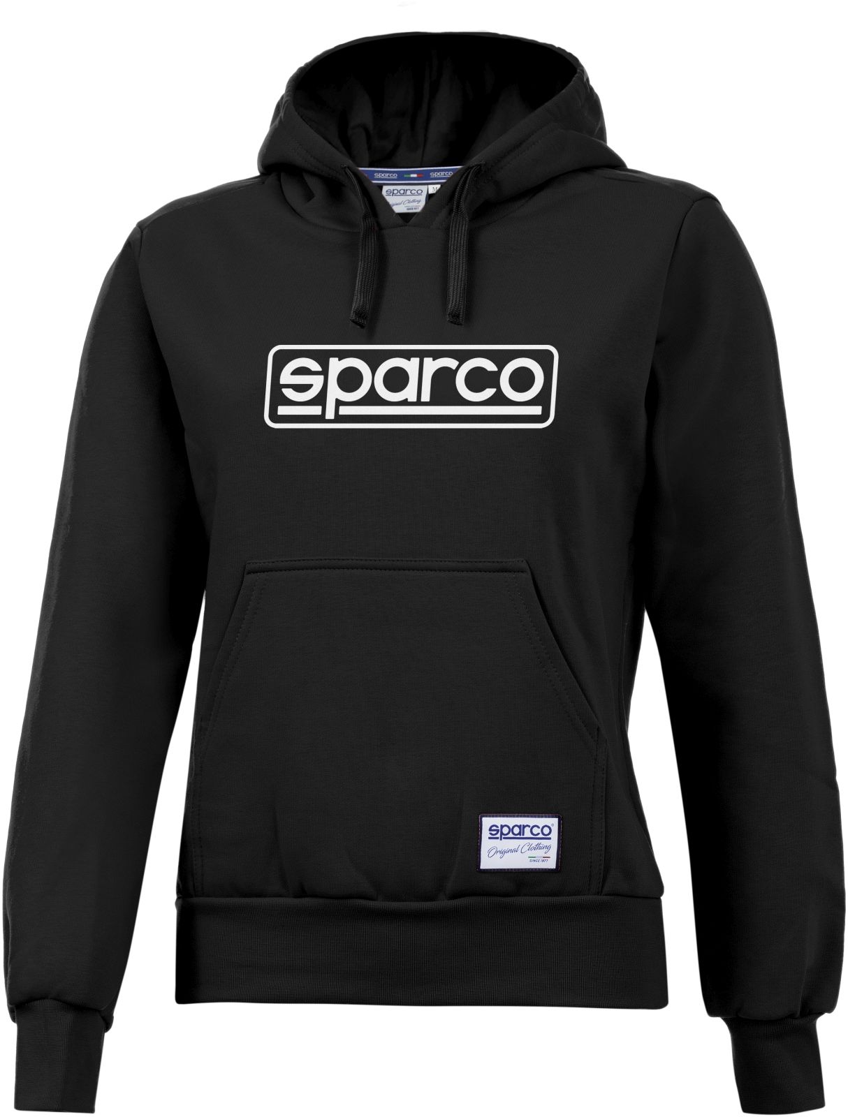 Black women's hoodie by Sparco featuring a large white logo on the front, a front kangaroo pocket, and a drawstring hood, made from soft, comfortable material.