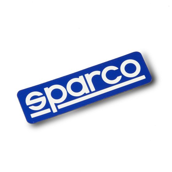 Blue rectangular fridge magnet featuring the white "sparco" logo in a bold, modern font, made from durable plastic.