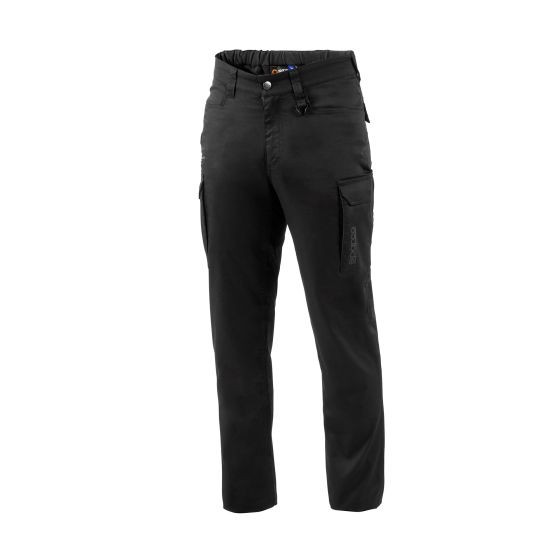 Black and grey cotton work trousers by Sparco, featuring an elastic waistband, multiple pockets, and a slim fit design, available in size XXL.