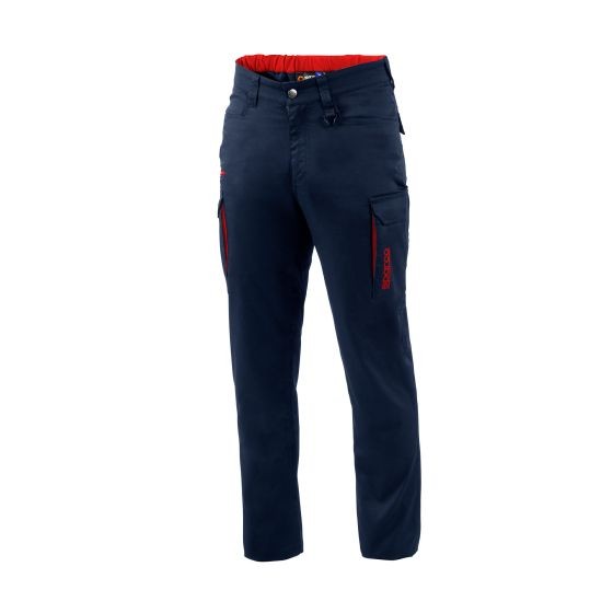 Navy blue cotton work trousers with red accents, featuring multiple pockets and a comfortable elastic waistband, sized small.