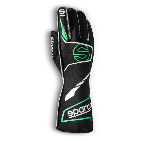 Black race gloves with fluro green accents, featuring a sleek design, Sparco branding, and reinforced grip areas, tailored for optimal performance in motorsports.