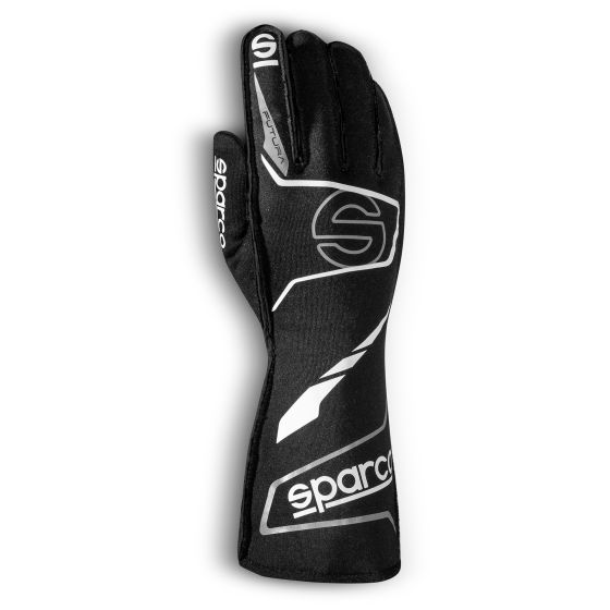 Black and white Sparco Futura race gloves, featuring a sleek design with prominent branding, made from durable material, and designed for optimal grip and comfort, size large.