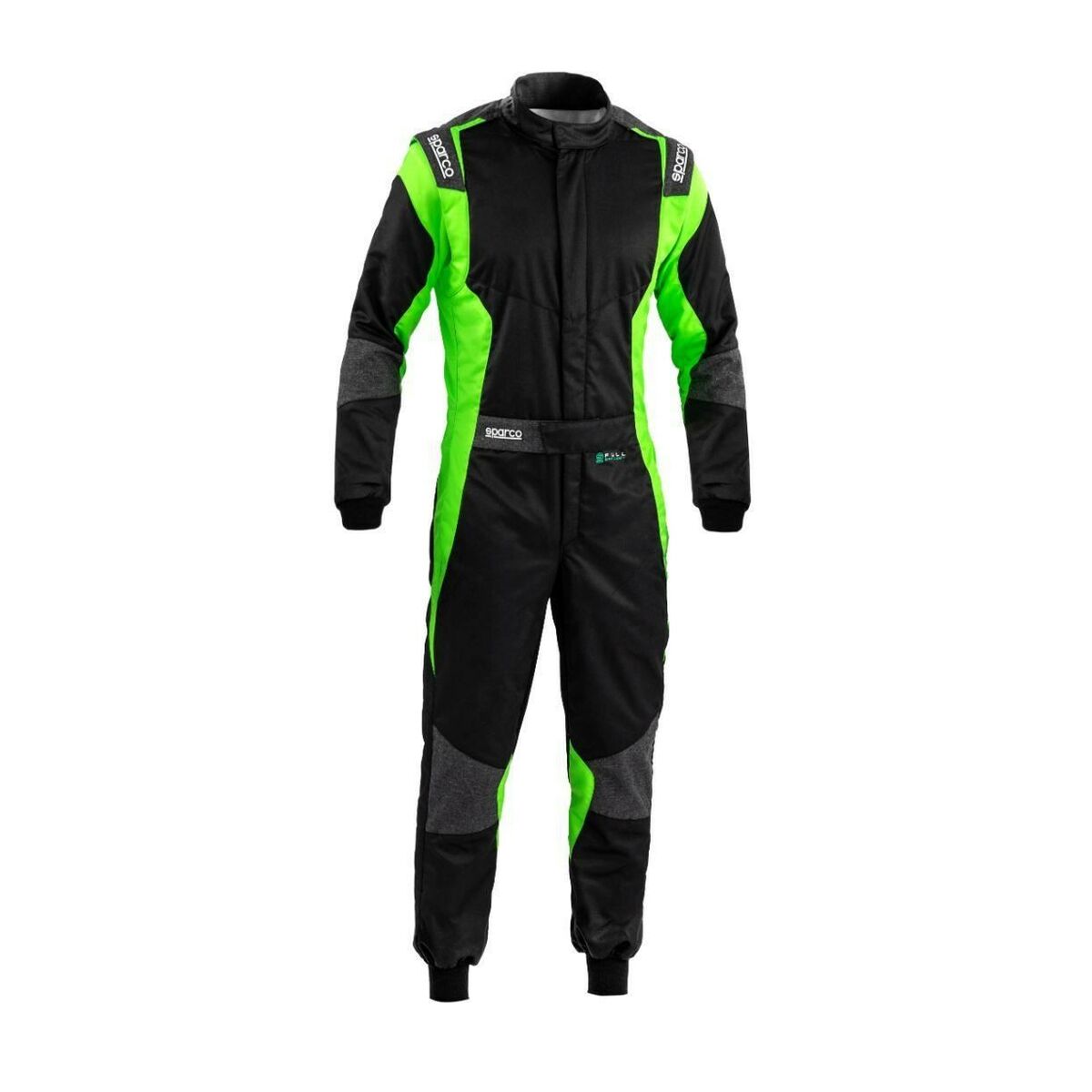 Black racing suit with bright green accents, featuring a zip-up front, padded shoulders, and reinforced areas for enhanced durability and comfort.