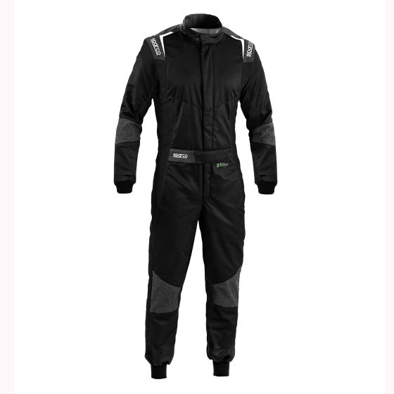 Black and grey Sparco Futura Race Suit, size 56, featuring a zip front, padded shoulders, and contrasting grey panels on the arms and legs.
