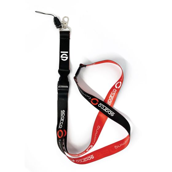 Black and red Sparco Gaming lanyard made of durable material, featuring a clip for attachments and the Sparco logo prominently displayed.