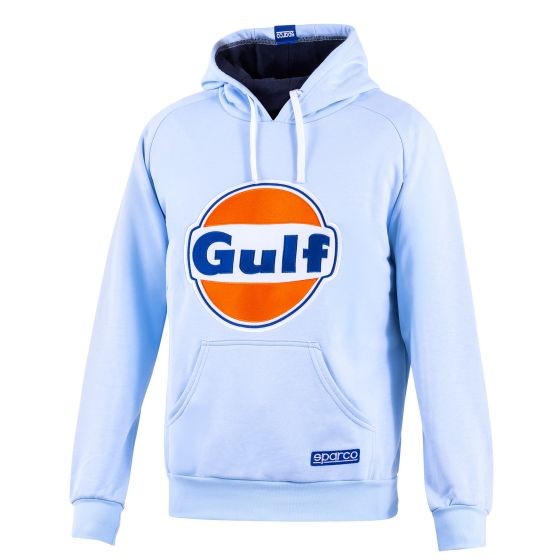 Light blue Sparco Gulf hoodie in size L, featuring a large orange and blue Gulf logo on the front, a kangaroo pocket, and a drawstring hood.